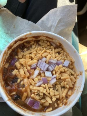 Chili with.m vegan cheddar and onions at Tony's Darts Away in Burbank