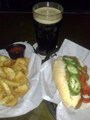 Freedom Dog and Turtle Sidewinder fries with Old No. 38 stout at Tony's Darts Away in Burbank