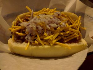 chili cheese dog with chipotle sausage at Tony's Darts Away in Burbank