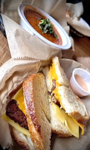 This week @Tda Vegan Grill cheese and tempeh bacon sandwich with tomato soup!   at Tony's Darts Away in Burbank