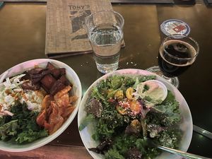 Kale! Caesar + Korean bowl + Fundamental Observation 24 Vanilla Stout     at Tony's Darts Away in Burbank