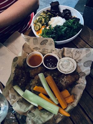 Vegan wings and korean bowl  at Tony's Darts Away in Burbank