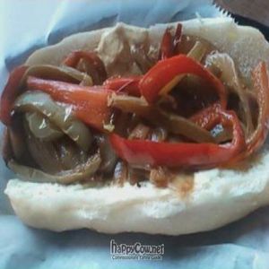 Tofurky kielbasa with roasted peppers and onions at Tony's Darts Away in Burbank