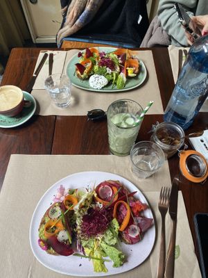 avocado & beetroot hummus toast + oat matcha latte  at Faire Brunch & Drinks in Barcelona