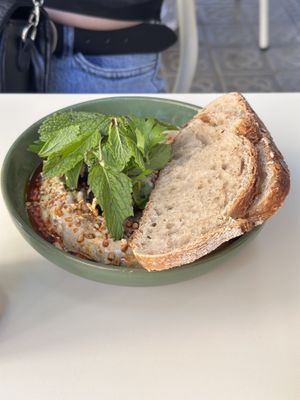 Eggplant hummus dip with sourdough - good  at Faire Brunch & Drinks in Barcelona