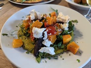 Garden pea & tumeric pancake at The Abinger Hatch in Dorking