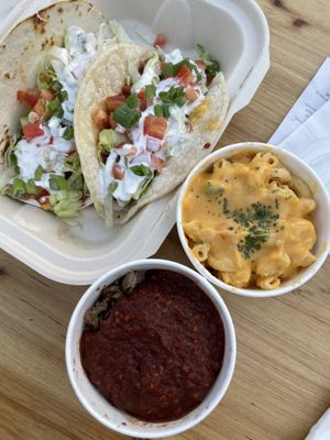 Brisket, Mac and tacos. Ending up throwing the Mac and brisket away… not that good 😕 at Vegan Mob in San Bruno