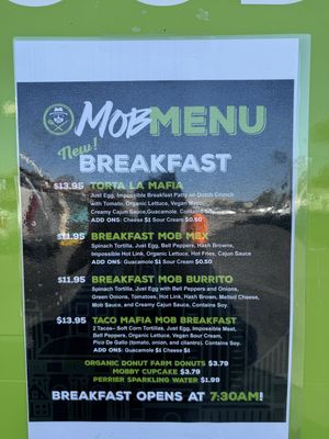 Breakfast menu  at Vegan Mob in San Bruno
