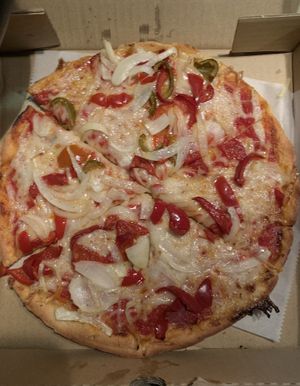 Vegan pizza with GF crust! cherry peppers & onion  at Pizzeria Bacio Ristorante in Poughkeepsie