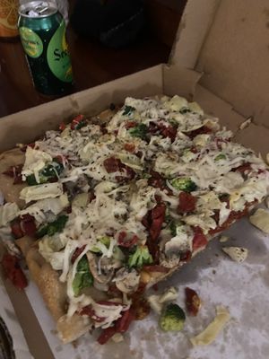 Ortolano as a Sicilian with vegan cheese. $37 on 5/17/22 - half the pizza pictured.  at Pizzeria Bacio Ristorante in Poughkeepsie