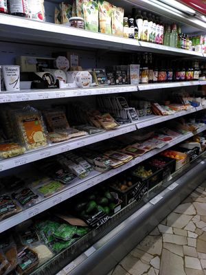 Some vegan cheeses and meat replacers at Il Mercato Verde in Milan