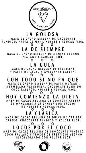 Menú Crepes dulces! 100% VEGANO.
Sin aceite de palma y libre de transgénicos. at Cookrepe Vegan in Santiago