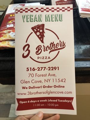 Vegan menu at 3 Brothers Pizza of Glen Glove in Glen Cove