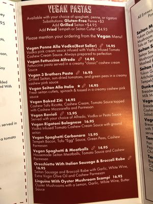 Vegan menu  at 3 Brothers Pizza of Glen Glove in Glen Cove