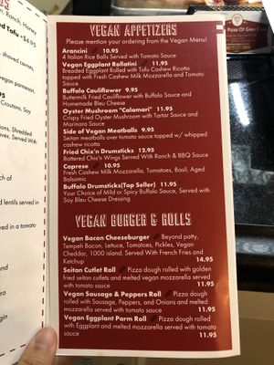 Vegan menu  at 3 Brothers Pizza of Glen Glove in Glen Cove