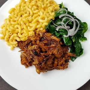 barbecue jackfruit, mac & cheese, braised collard greens  at Plant Power Nashville  in Brentwood