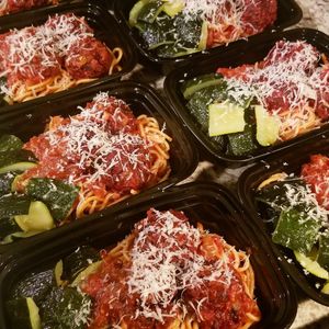 Spaghetti marinara with spicy beetballs and roasted zucchini  at Plant Power Nashville  in Brentwood