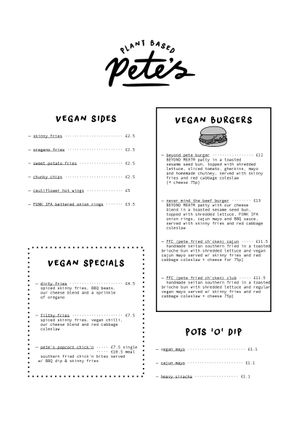 Plant Based Pete’s menu at The Woolpack in Wilstead