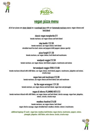 Pete’s vegan pizza menu at The Woolpack in Wilstead