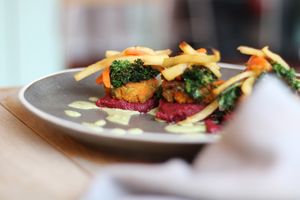 Sweet potato and red lentil hotcakes. (Vegan) at The Specialty Coffee Shop in Nottingham
