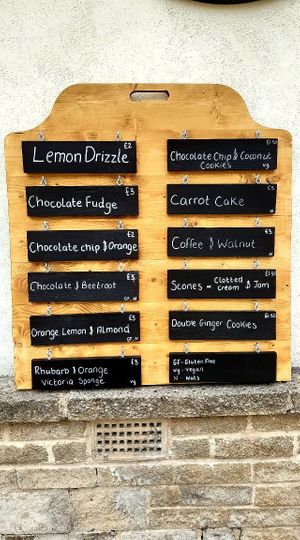 Cake menu board at The Mill House Tea Garden in Eckington