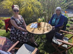 Enjoying the tea garden at The Mill House Tea Garden in Eckington