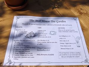 Drinks menu at The Mill House Tea Garden in Eckington