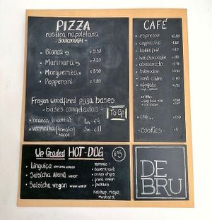 Menu with vegan pizza and hot dog at DeBru in Lisbon