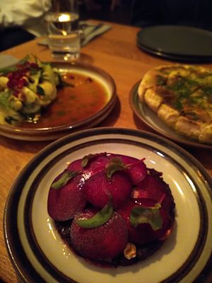 Beettrio (smoked, dehydrated and roasted), flatbread & celeriac both bayleaf and Umami broth at Bistro Lupa in Copenhagen