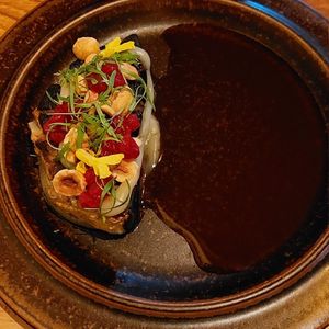 Celeriac / Lingonberry / Bay Leaf. NA Pairing: Faux Wine from Tea and Berries at Bistro Lupa in Copenhagen