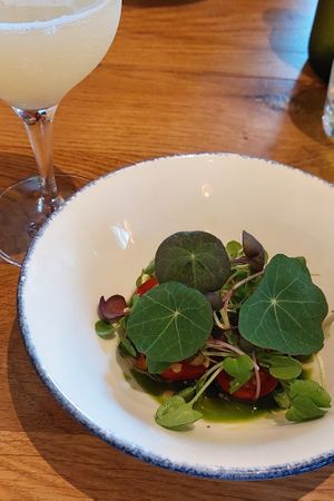 Tomato / Almond / Green Strawberries / Watercress. NA Pairing: Green Tea Kombucha at Bistro Lupa in Copenhagen