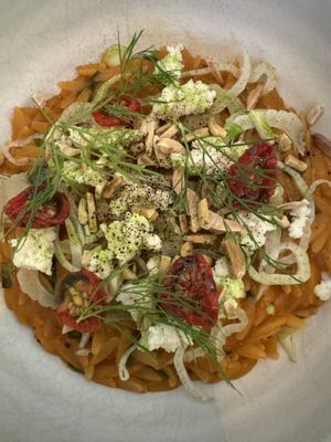 Orzo with vegan ricotta, fennel, tomato  at Bistro Lupa in Copenhagen