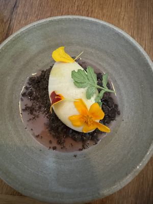 Matcha vegan ice cream on Carob with rhubarb syrup   at Bistro Lupa in Copenhagen