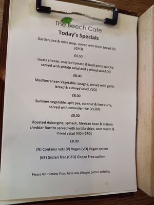 memu at The Beech Cafe in Petersfield