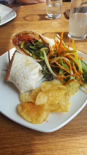 hummus and olive wrap (vegan option) at The Beech Cafe in Petersfield