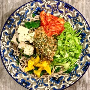 Natto Mamma's Soba - soba, natto, kim chi, takuwau, tofu, furikake at Vegan City Hawai'i in Honolulu