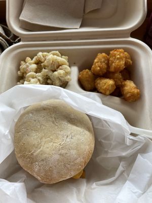 Vegan breakfast sandwich with tater tots and Mac salad   at Vegan City Hawai'i in Honolulu