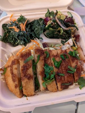 Chicken katsu plate lunch with kale salad and beet salad sides at Vegan City Hawai'i in Honolulu