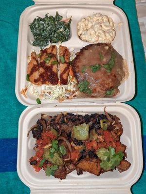 Skillet hash (left) and hamma steak and katsu combo with kale salad and mac salad sides (right) at Vegan City Hawai'i in Honolulu