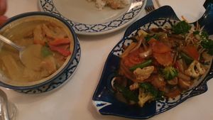 Green curry with vegan chicken and ginger stir fry at Thai Garden in Galway