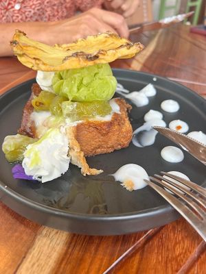 Vegan French toast -with pineapple, basil sorbet and cream at Italdo  in Tulum