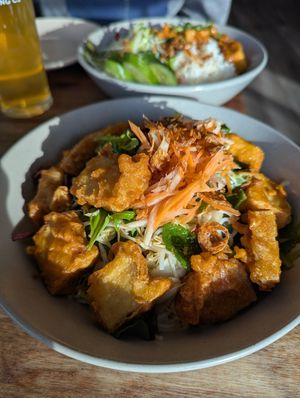 Warm noodle salad with crispy tofu at Le Feu in Mornington
