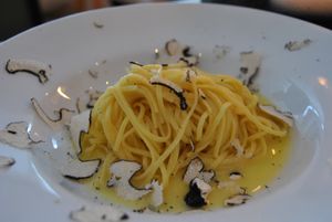 Pasta al tartufo nero. They will do vegan version with olive-oil and pastatype without egg at Ristorante Cortile in Munich