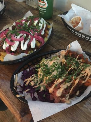 Dirty fries with slow cooked jackfruit and a burrito bowl - gluten free & vegan.  at Cantina Carnitas in Hitchin