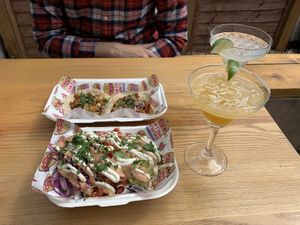 Margaritas and food in the garden  at Cantina Carnitas in Hitchin