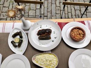 The japrak’s and the stuffed eggplants were vegan, the pepper/cottage cheese dip and mashed potatoes weren’t   at Edua in Gjirokaster