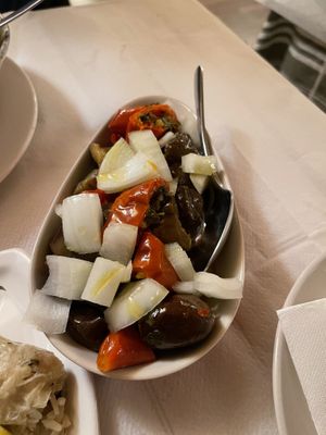 Pickled vegetables (eggplant, peppers, tomatoes)  at Edua in Gjirokaster