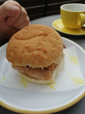 Sausage hash brown rashers bap at Dee Dees Vegan Cafe in Biggleswade