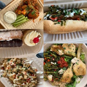 Buffalo wings, desserts, rapini sandwich, artichoke rapini bowl, fries Italiano  at DC Vegan in Washington