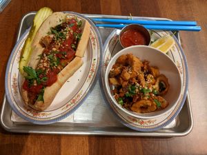 Chicken Parm with mushroom calimari. at DC Vegan in Washington